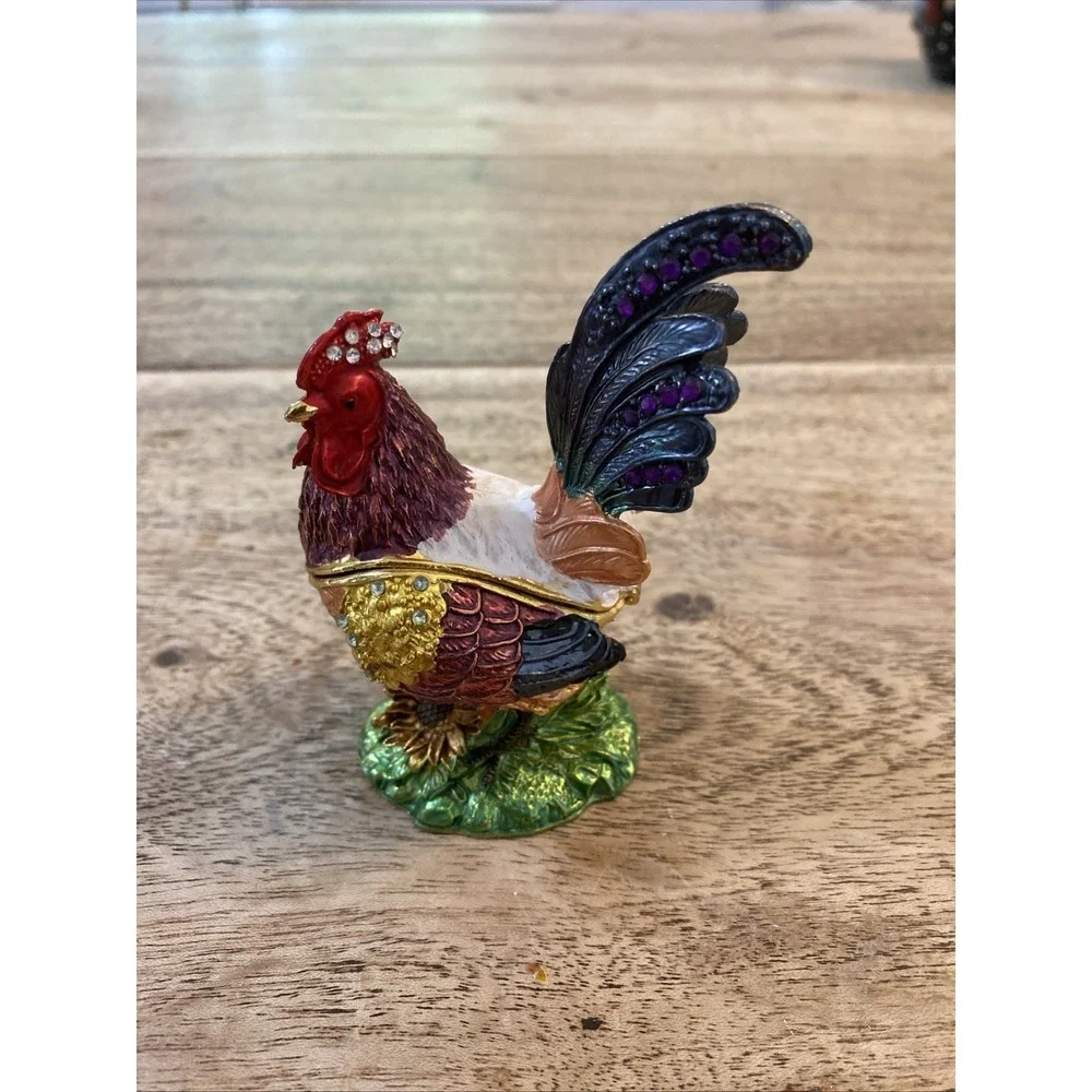 Bejeweled Colorful Rooster Jeweled  Trinket Box Hinged Magnetic Closure Small